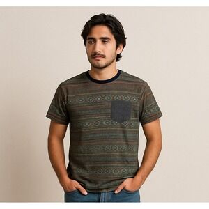 Y2K Men's Tribal Aztec Pocket‎ Tee L 90's Soft Cotton Southwest Festival Shirt